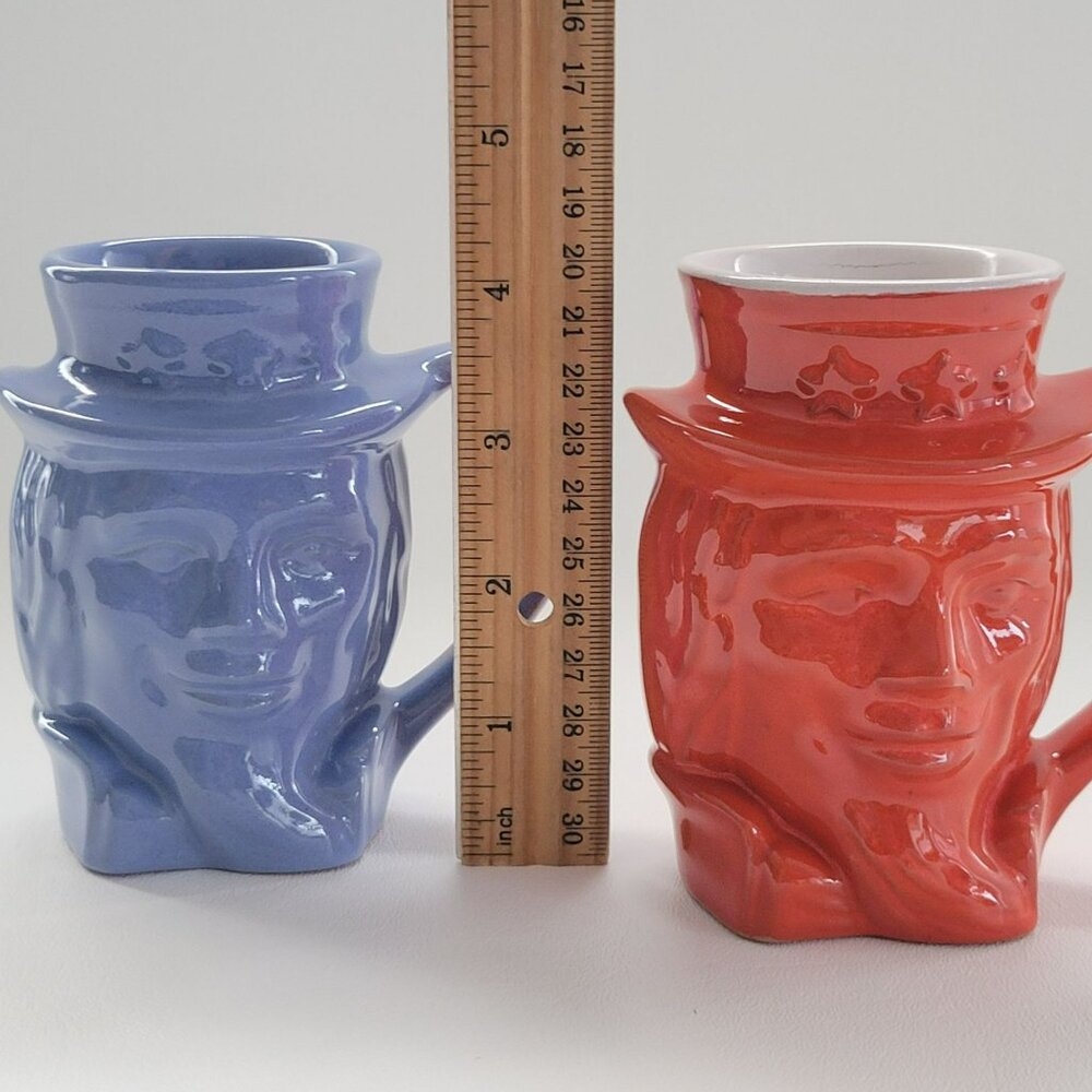 Vintage Frankoma Art Pottery Uncle Sam Mug Set of 2, Red & Blue, c.1976 USA Made - Picture 12 of 12
